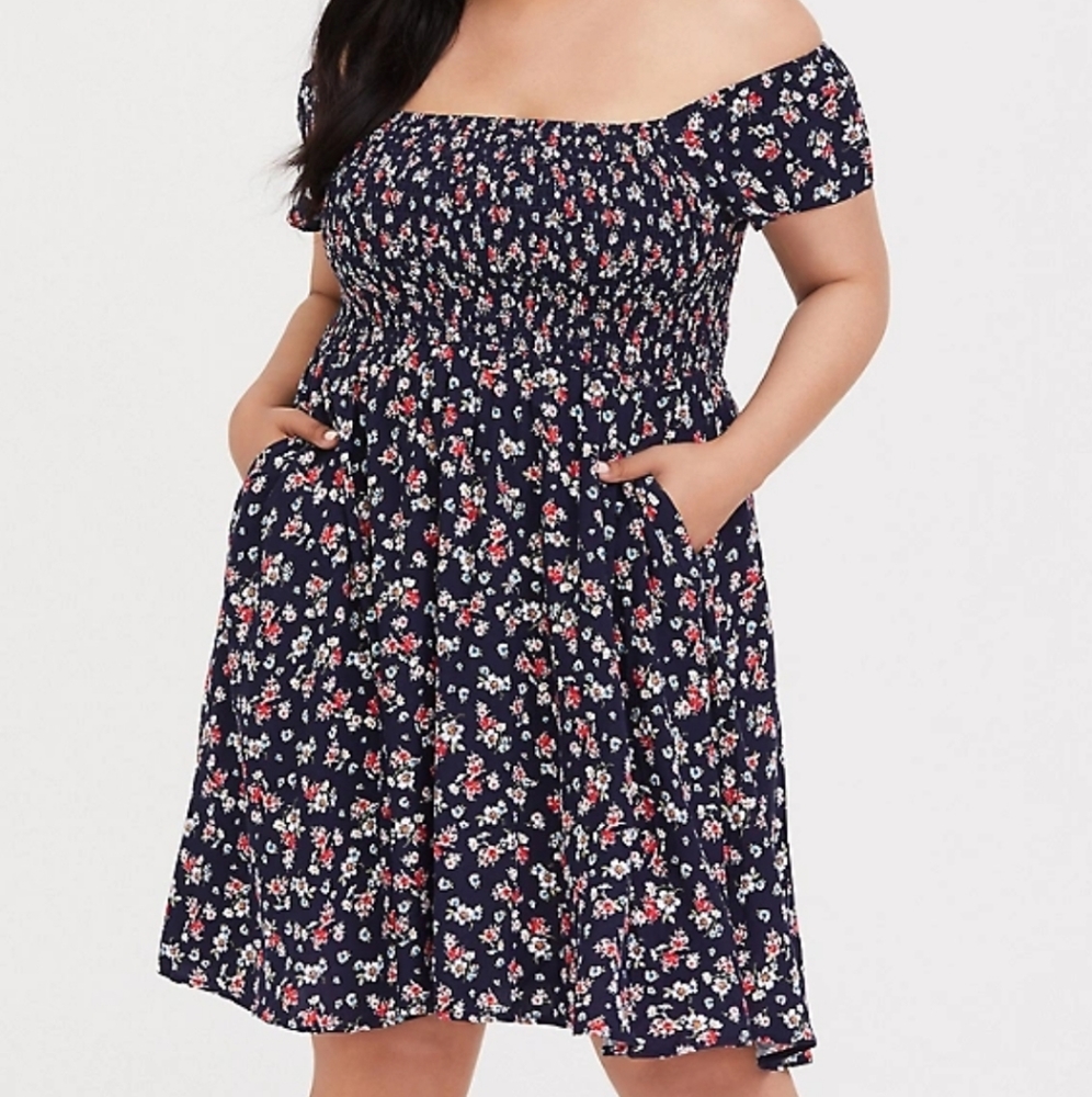 Navy Floral Off Shoulder Skater Dress